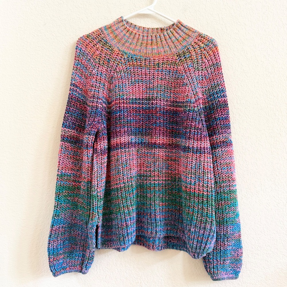 GAP Womens Space Dye Chunky Knit Mock Neck Sweater Sz M Rainbow Pastel Raglan